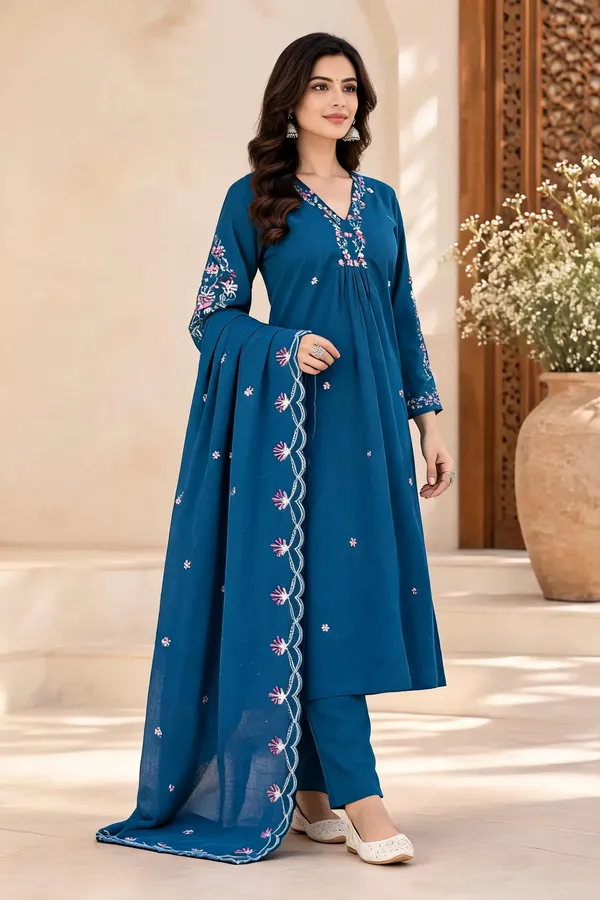 Teal_Blue_Embroidered_Kurta_Set_With_Matching_Pants_And_Dupatta_For_Women