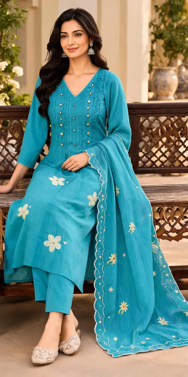 Turquoise_Blue_Floral_Embroidered_Kurta_Set_With_Matching_Pants_And_Dupatta_For_Women