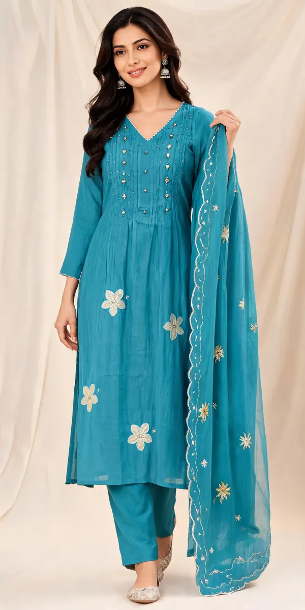 Turquoise_Blue_Floral_Embroidered_Kurta_Set_With_Matching_Pants_And_Dupatta_For_Women