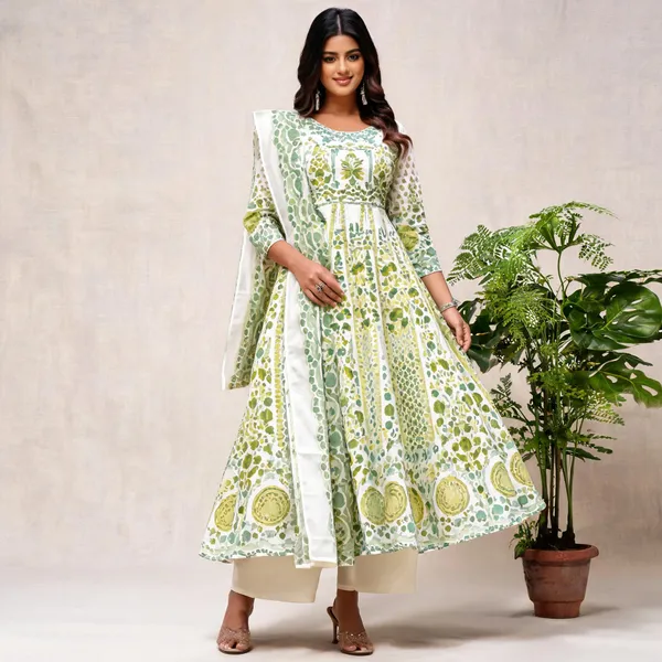 White_And_Green_Floral_Printed_Anarkali_Kurta_Set_With_Matching_Dupatta_For_Women