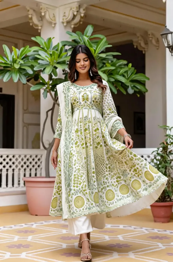 White_And_Green_Floral_Printed_Anarkali_Kurta_Set_With_Matching_Dupatta_For_Women