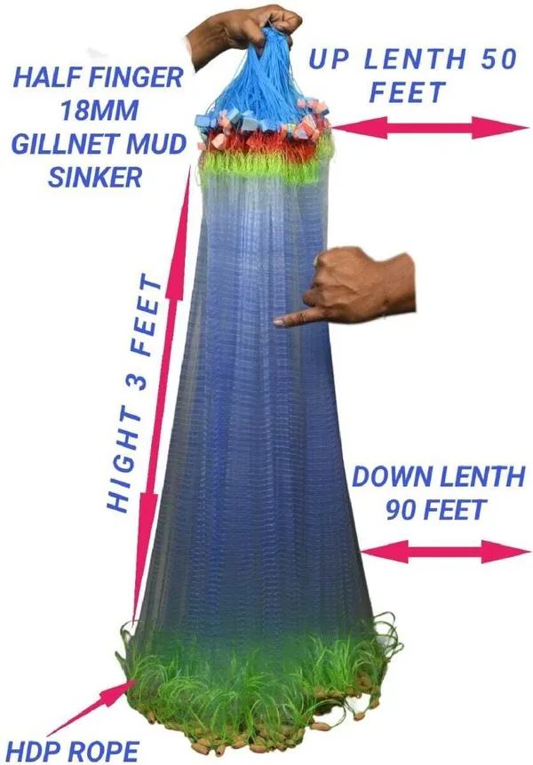 A_to_Z_HALF_FINGER_18MM_GILNET_MUD_SINKER,HIGHT3FT,UP_LENTH50FT,DOWN_LENTH90FT_HDP_ROPE_Fishing_Net_(Green)