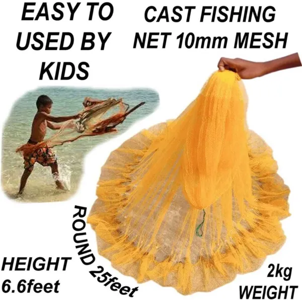 AhmedFishNet_KIDS_NET,HEIGHT_6.6ft,ROUND25ft,10mm_MESH,WEIGHT_2kg_Fishing_Net_Fishing_Net_(Yellow)