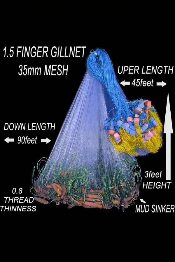 AhmedFishNet_1.5_FINGER_35MM_GILNET_MUD_SINKER,HIGHT3FT,UP_LENTH45FT(Blue,Green)_Fishing_Net_(Multicolor)
