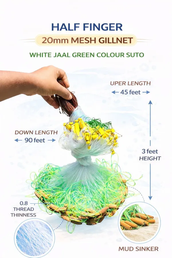 AhmedFishNet_Half_finger_20mm_gill_net_(white_jal_green_suto)_Doubble_sola_badha_Fishing_Net_(Multicolor)