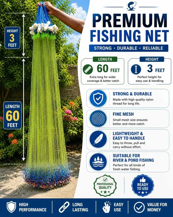 AhmedFishNet_Half_finger_18mm_Height_3f,_Length_60f_(white_colour_jaal_blue_colour_suto)_Fishing_Net_(Multicolor)