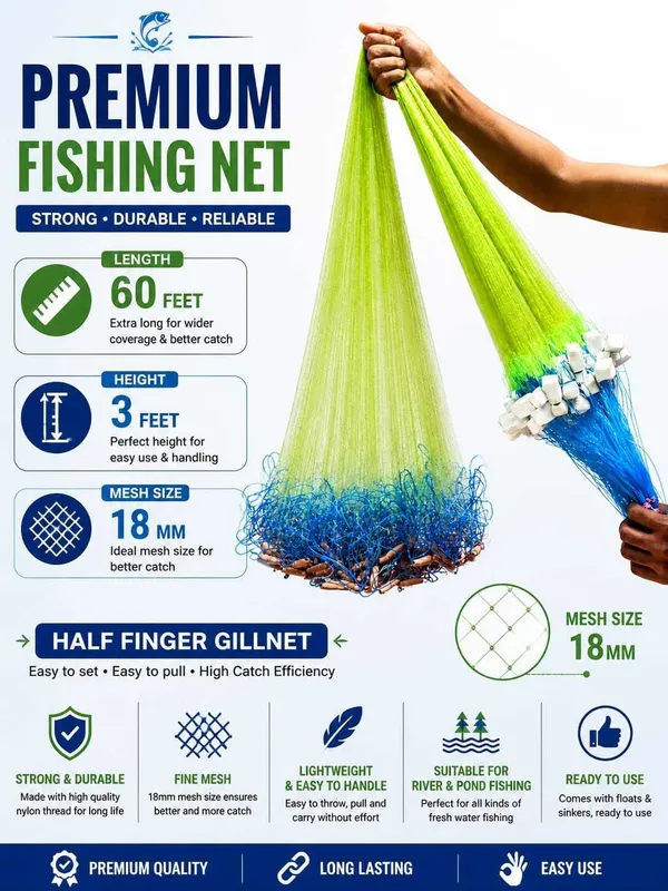 AhmedFishNet_Half_finger_18mm_Height_3f,_Length_60f_(white_colour_jaal_blue_colour_suto)_Fishing_Net_(Multicolor)