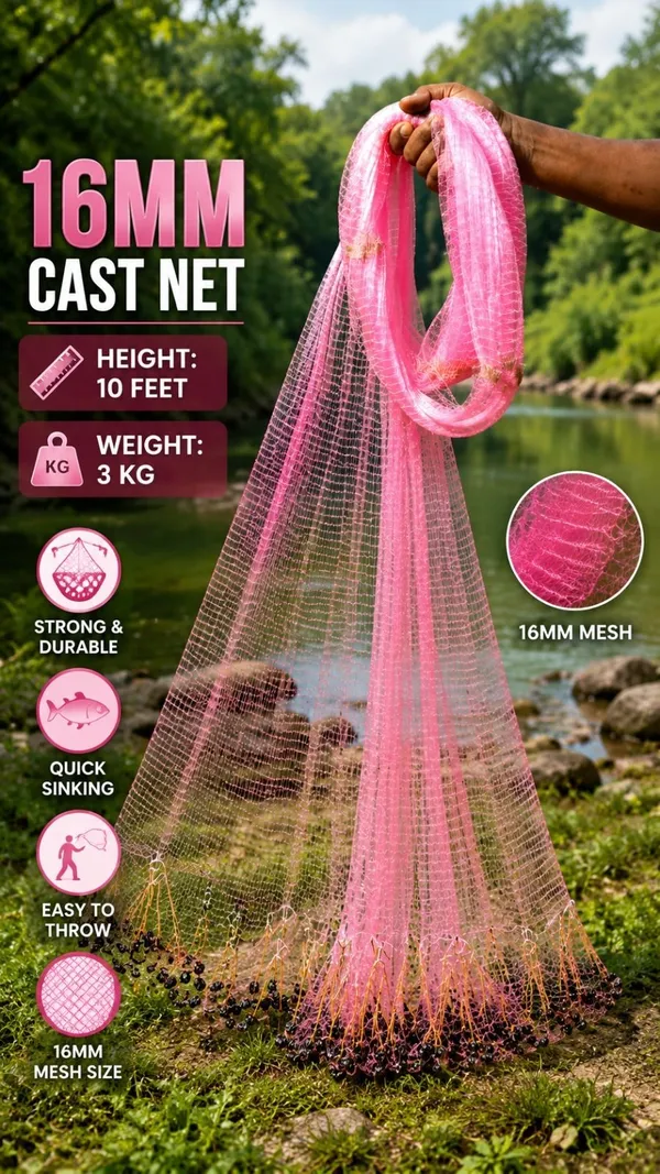 AHMEDENTERPRISE_16mm_3kg_10feet_mono_cast_net_Fishing_Net_(Pink)