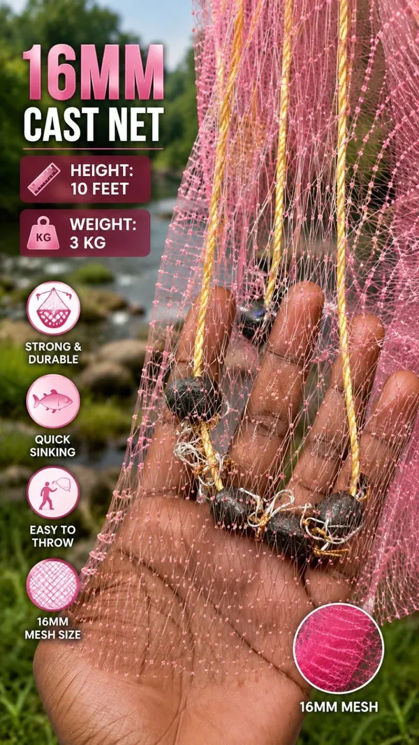 AHMEDENTERPRISE_16mm_3kg_10feet_mono_cast_net_Fishing_Net_(Pink)