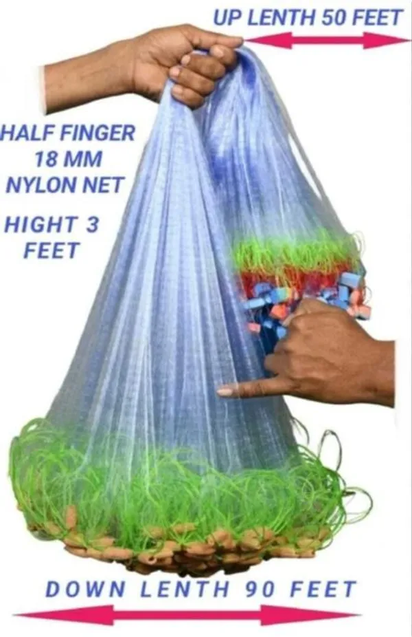 AhmedFishNet_Half_Finger_18MM_GILNET_MUD_Sinker,HIGHT3FT,UP_LENTH50FT_Fishing_Net_(Multicolor,_Green)