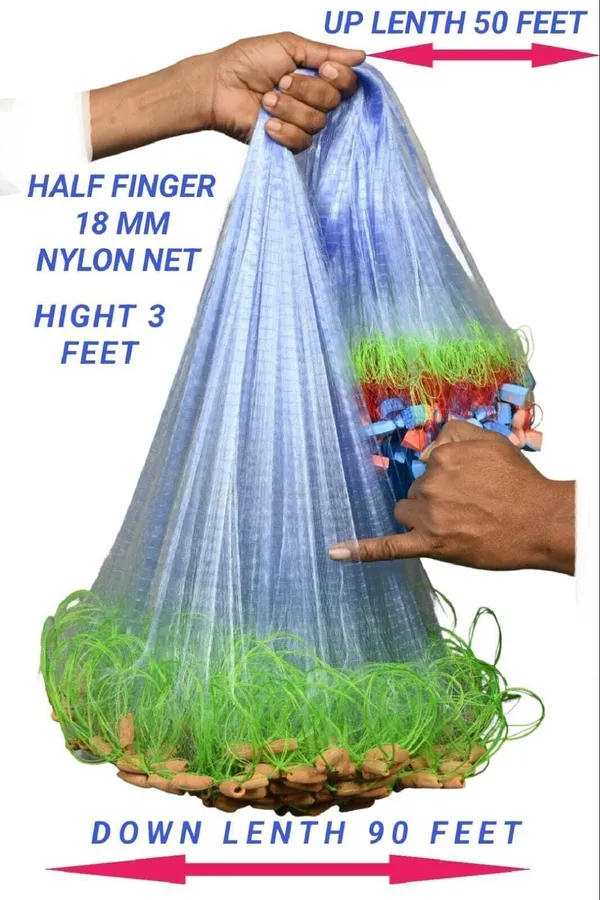 AhmedFishNet_HALF_FINGER_18MM_GILNET_MUD_SINKER,HIGHT3FT,UP_LENTH50FT,DOWN_LENTH90FT_HDP_ROPE_Fishing_Net_(Green)