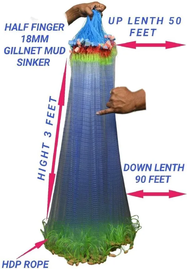 AhmedFishNet_HALF_FINGER_18MM_GILNET_MUD_SINKER,HIGHT3FT,UP_LENTH50FT,DOWN_LENTH90FT_HDP_ROPE_Fishing_Net_(Green)