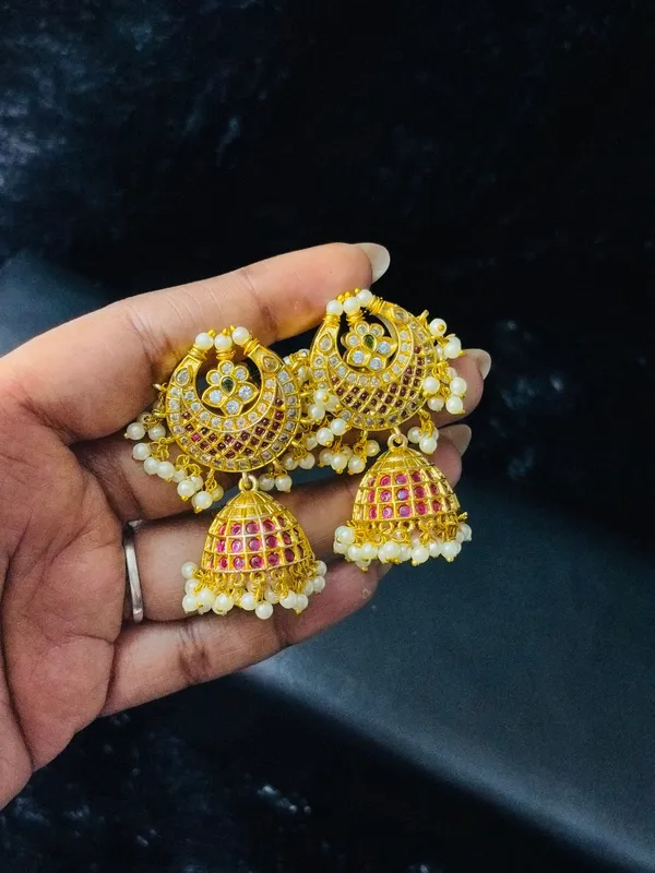Elegant_Gold_Tone_Jhumka_Earrings_With_Pearl_Stone_Accents_Default_Title