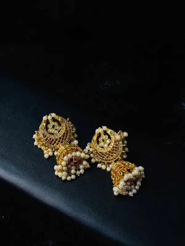 Elegant_Gold_Tone_Jhumka_Earrings_With_Pearl_Stone_Accents_Default_Title