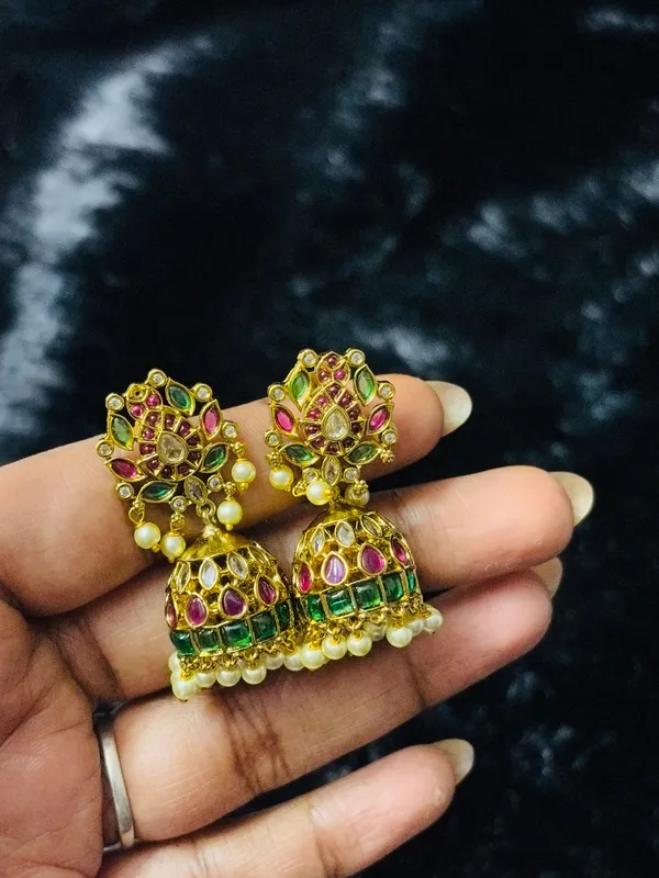Gold_Plated_Ruby_Emerald_Jhumka_Earrings_With_Pearl_Trim_Traditional_Indian_Festive_Earrings_Default_Title