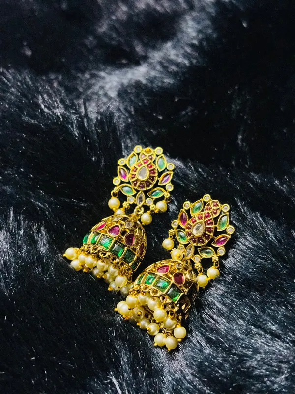Gold_Plated_Ruby_Emerald_Jhumka_Earrings_With_Pearl_Trim_Traditional_Indian_Festive_Earrings_Default_Title