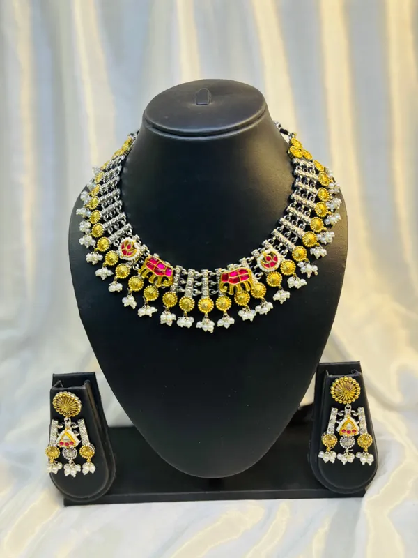 Silver_Elephant_Motif_Pink_Stone_Necklace_Earring_Set_With_Pearls_Default_Title