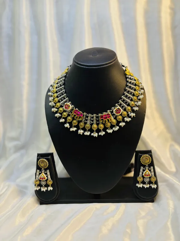 Silver_Elephant_Motif_Pink_Stone_Necklace_Earring_Set_With_Pearls_Default_Title