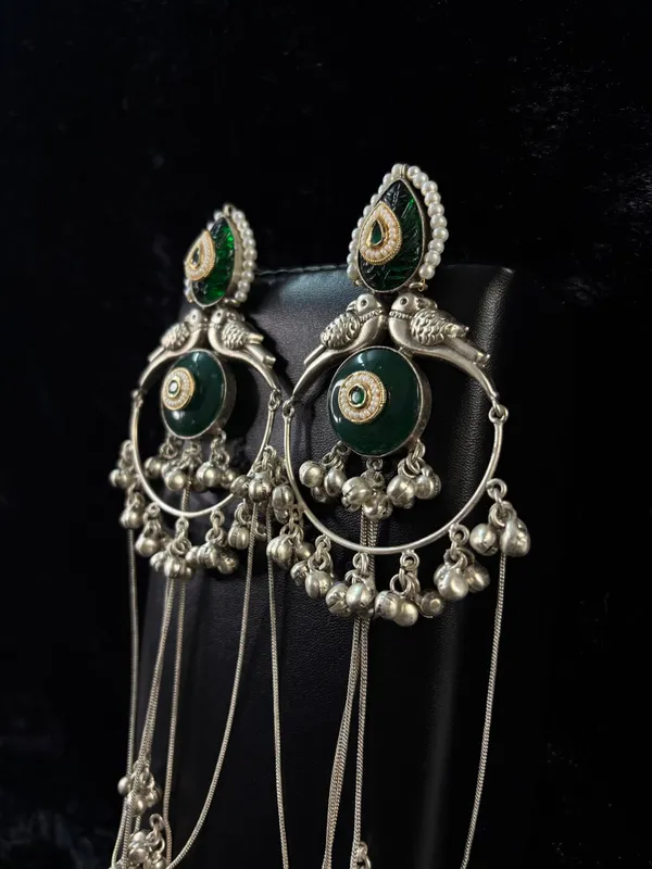 Antique_Silver_Green_Enamel_Bird_Motif_Long_Jhumka_Earrings_Default_Title