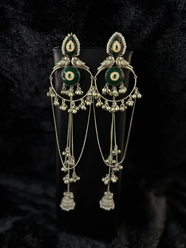 Antique_Silver_Green_Enamel_Bird_Motif_Long_Jhumka_Earrings_Default_Title