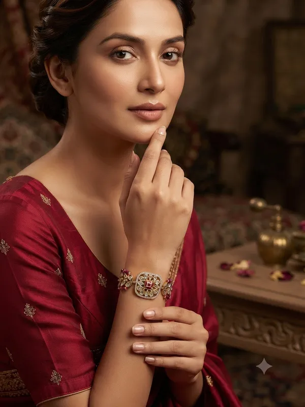 Floral_Kundan_Adjustable_Bracelet_Dark_Pink