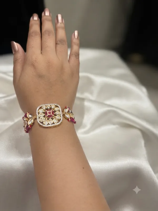 Floral_Kundan_Adjustable_Bracelet_Dark_Pink
