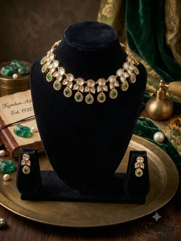 Aeva_Pear_Drop_Polki_Choker_Necklace_Earrings_Set_Green