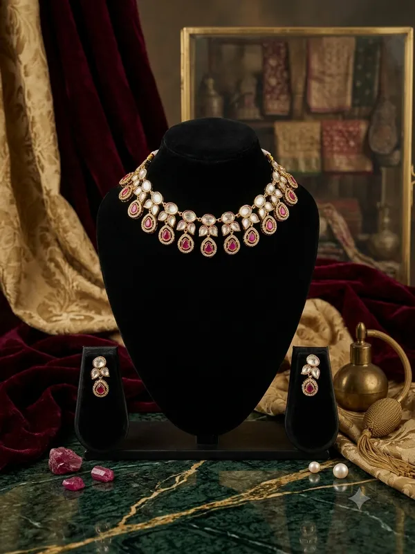 Aeva_Pear_Drop_Polki_Choker_Necklace_Earrings_Set_Dark_Pink