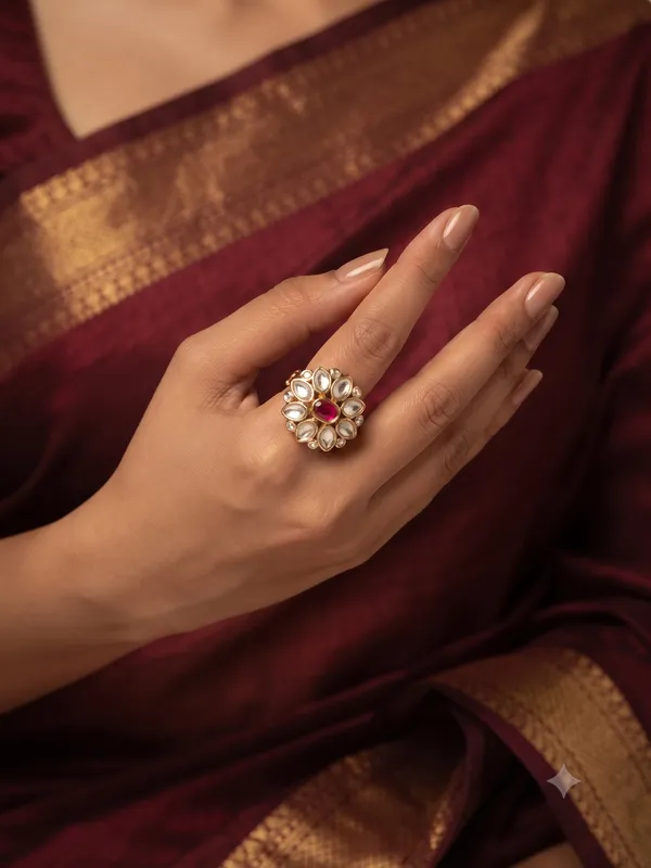 Floral_Kundan_Statement_Adjustable_Ring_Dark_Pink