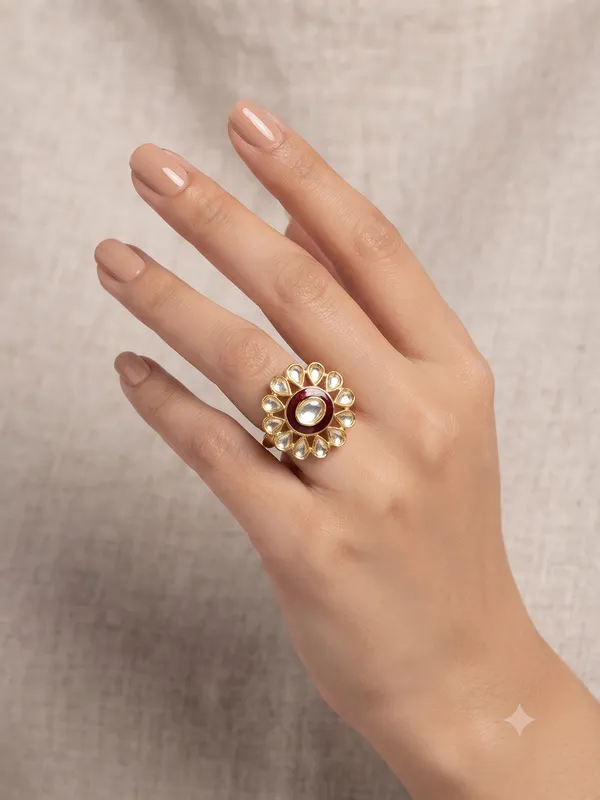 Mehroon_Meena_Kundan_Adjustablering_Dark_Pink