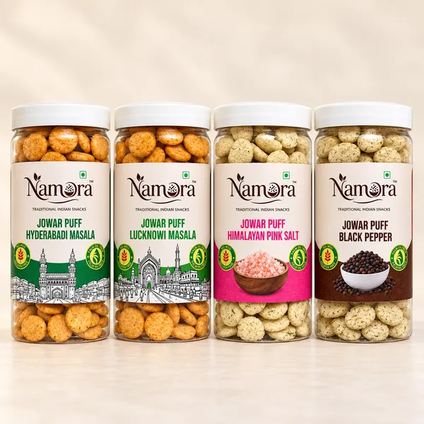 Namora_Jowar_Puff_Hyderabadi_Masala_,_Lucknowi_,Himalayan_Pink_Salt_&_Black_Pepper_Flavour_Pack_Of_4