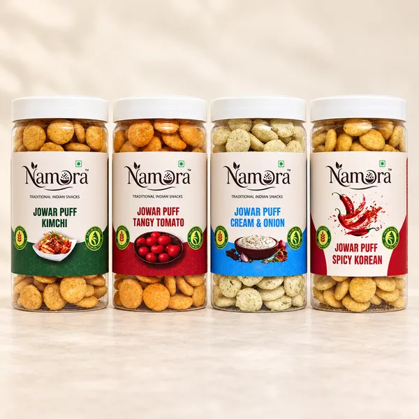 Namora_Jowar_Puff_Kimchi_,Tangy_Tomato,Cream_&_Onion,Spicy_Korean_Snack_Pack_Of_4