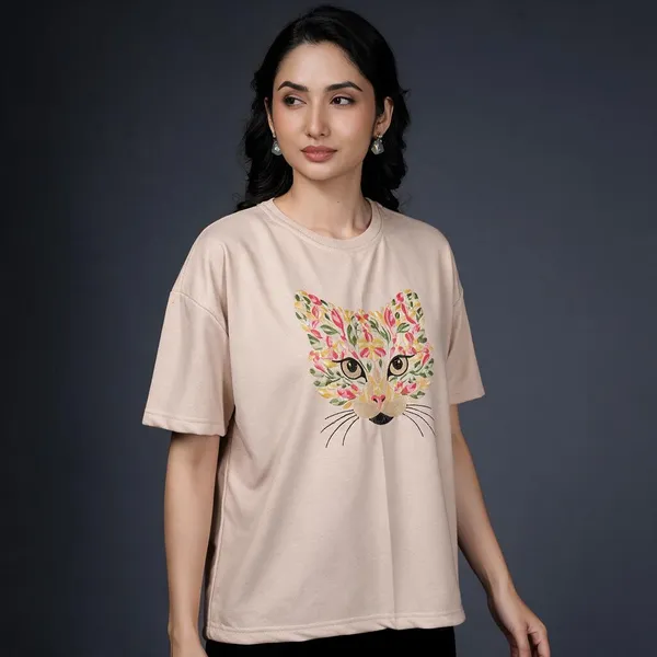 Cat_Beige_Embroidered_Semi-Oversized_T-Shirt_|_Devkison