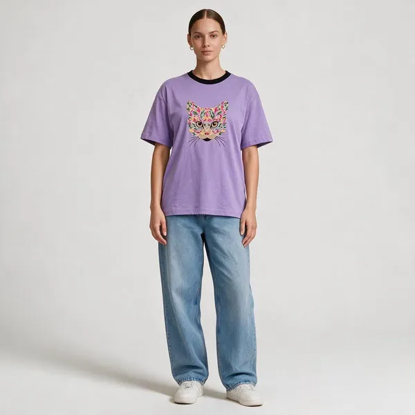Cat_Lavender_Embroidered_Semi-Oversized_T-Shirt_|_Devkison