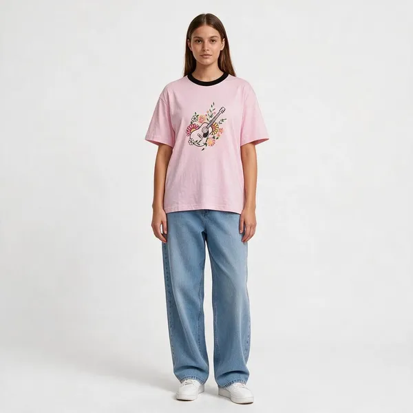 Guitar_Pink_Embroidered_Semi-Oversized_T-Shirt_|_Devkison