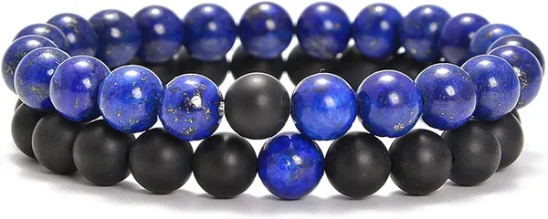 Natural_Lapis_And_Black_Matt_2Pcs_His_Hers_Distance_Beads_Bracelets_Adjustable_Size