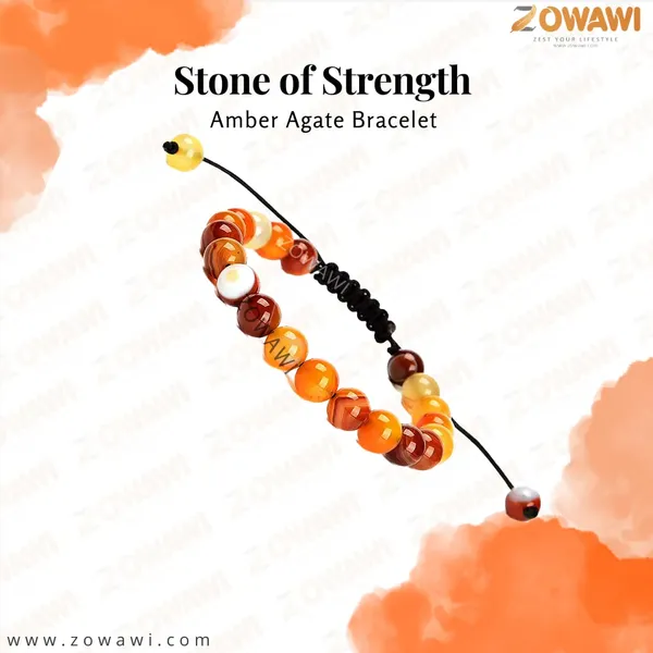 Hematite_Unisex_Adjustable_Bracelet_8Mm_Beads_Size_Amber_Agate_Bracelet