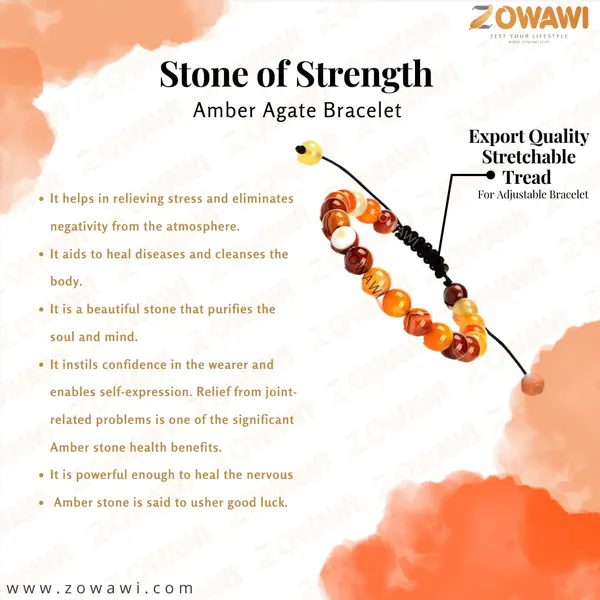 Hematite_Unisex_Adjustable_Bracelet_8Mm_Beads_Size_Amber_Agate_Bracelet
