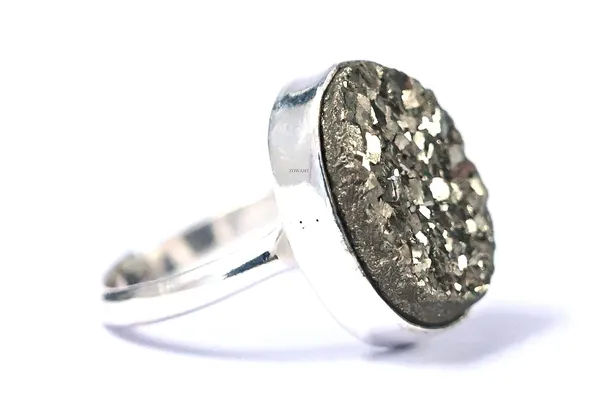 Genuine_Pyrite_Druzy_925_Hallmark_Solid_Pure_Silver_Adjustable_Ring_Unisex_Ring