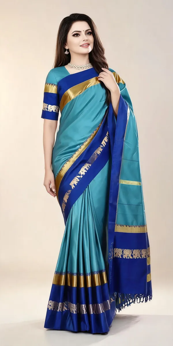 Teal_Blue_Cotton_Blend_Elephant_Motif_Saree_For_Women