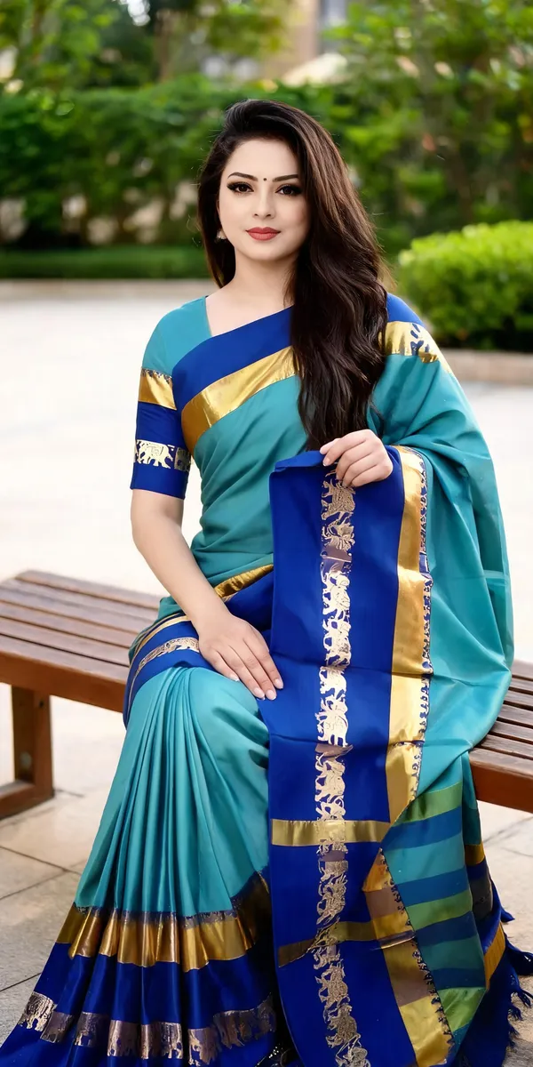 Teal_Blue_Cotton_Blend_Elephant_Motif_Saree_For_Women
