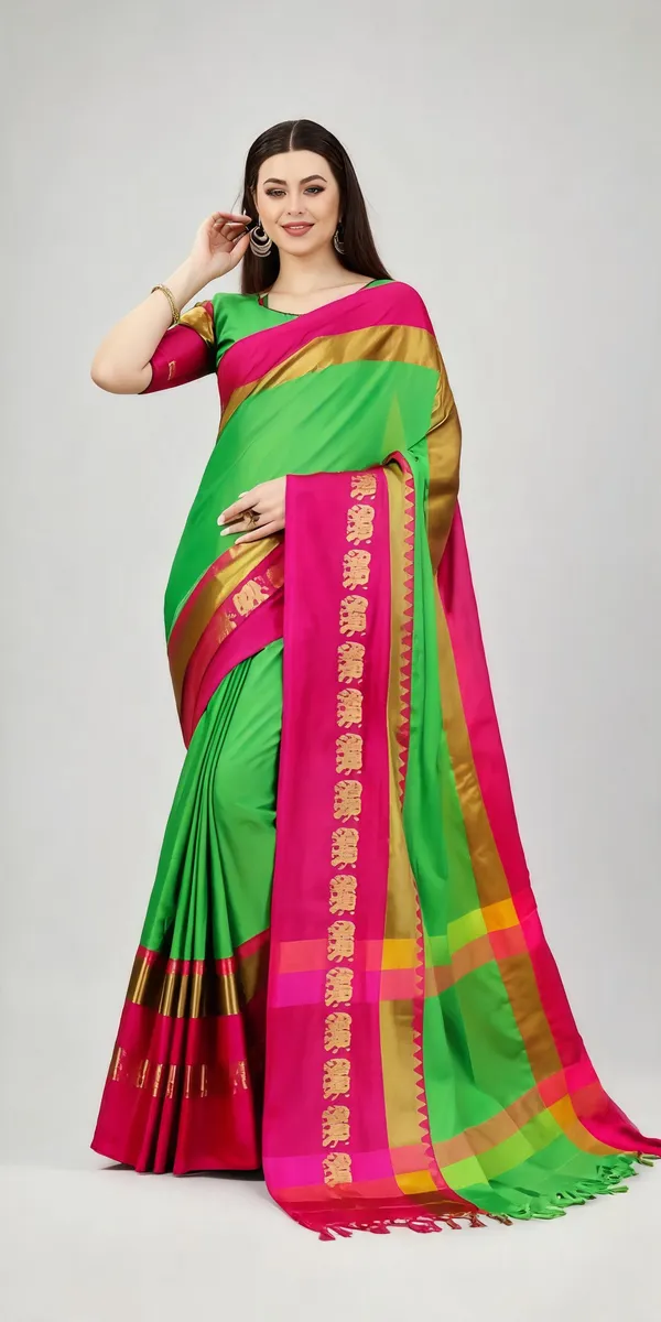 Green_Pink_Cotton_Blend_Woven_Border_Saree_For_Women