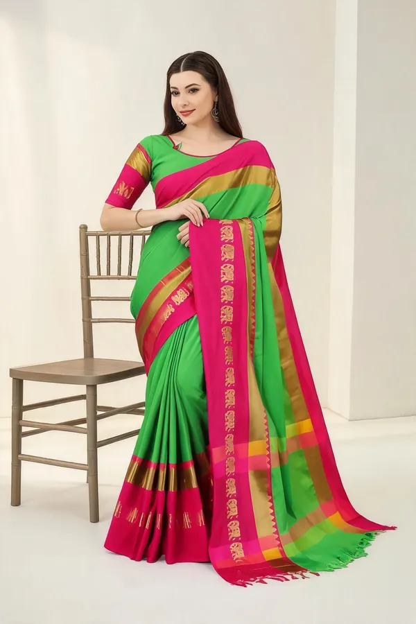 Green_Pink_Cotton_Blend_Woven_Border_Saree_For_Women