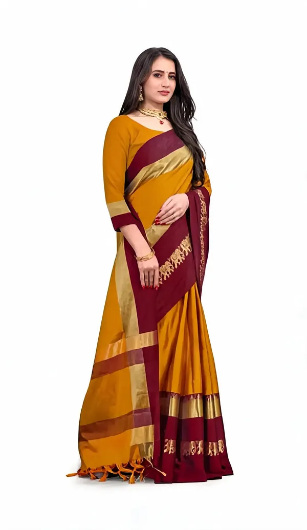 Mustard_Maroon_Cotton_Blend_Printed_Saree_For_Women