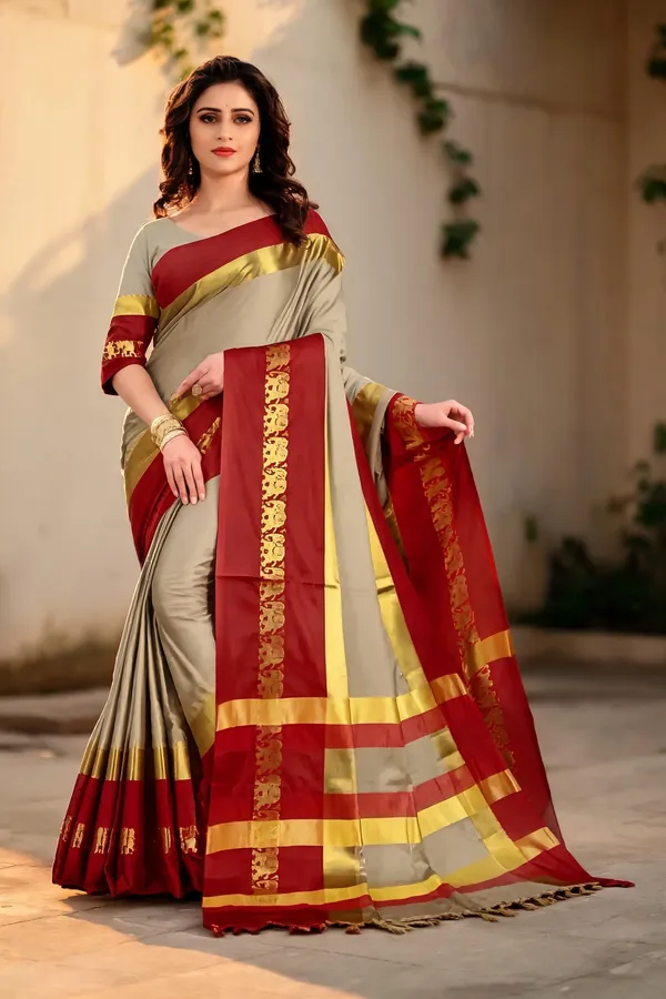 Beige_Red_Cotton_Blend_Traditional_Saree_For_Women