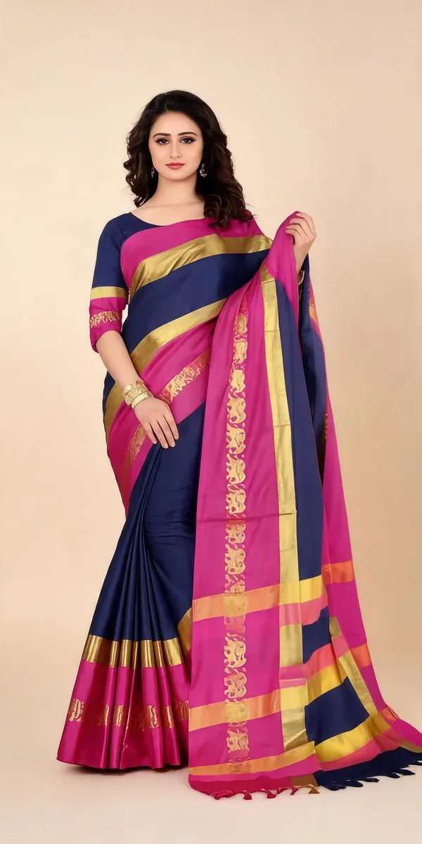 Navy_Blue_Pink_Cotton_Blend_Gold_Border_Saree_For_Women