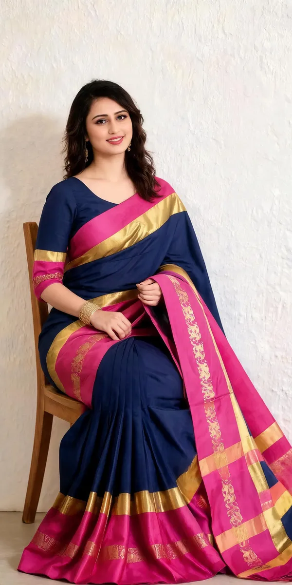 Navy_Blue_Pink_Cotton_Blend_Gold_Border_Saree_For_Women