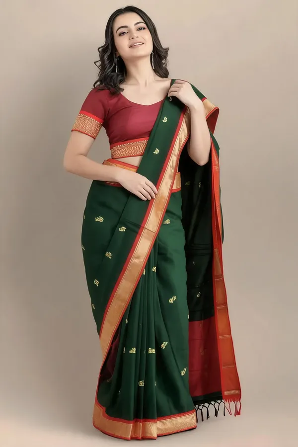 Green_Cotton_Blend_Red_Gold_Border_Saree_For_Women