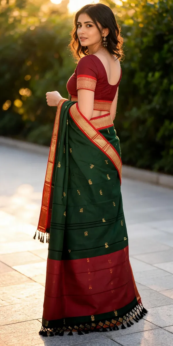 Green_Cotton_Blend_Red_Gold_Border_Saree_For_Women