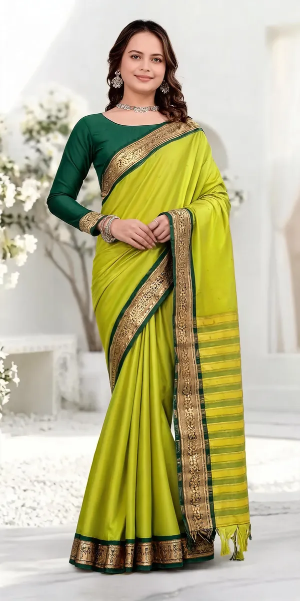 Lime_Green_Cotton_Blend_Traditional_Saree_For_Women